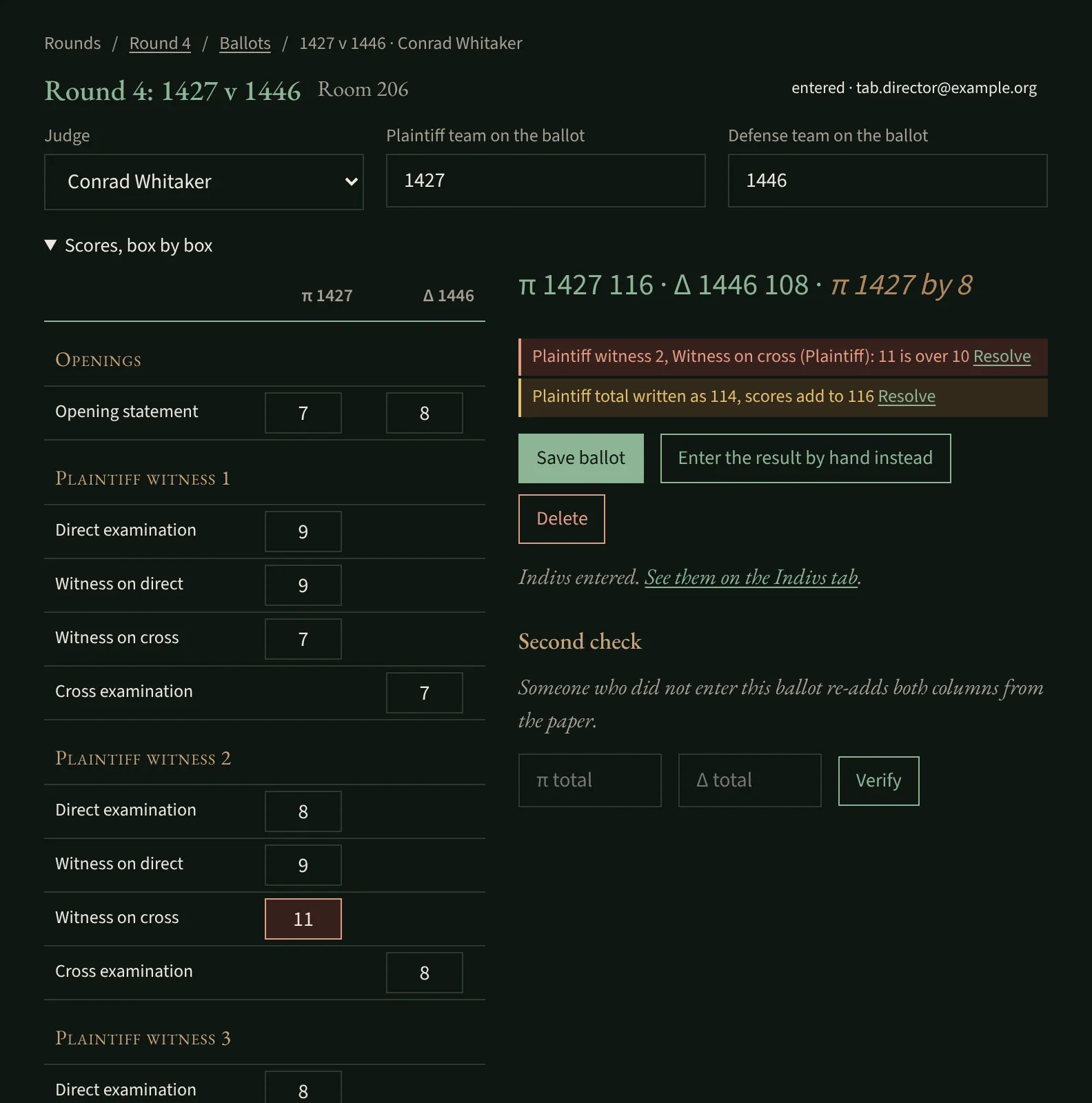A ballot entered box by box. An 11 on a witness’s cross-examination is outlined, an error explains it is over 10, a warning notes the written total no longer adds up, and a second-check form waits below.