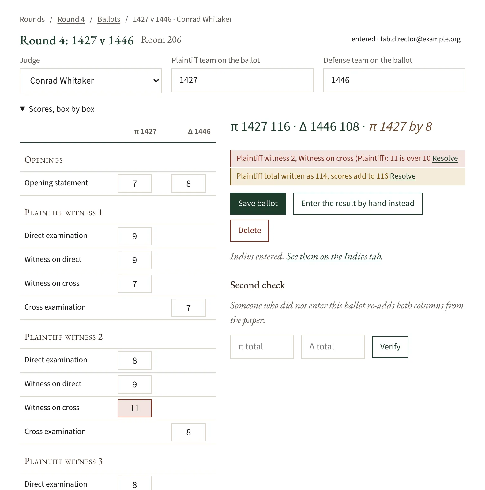 A ballot entered box by box. An 11 on a witness’s cross-examination is outlined, an error explains it is over 10, a warning notes the written total no longer adds up, and a second-check form waits below.