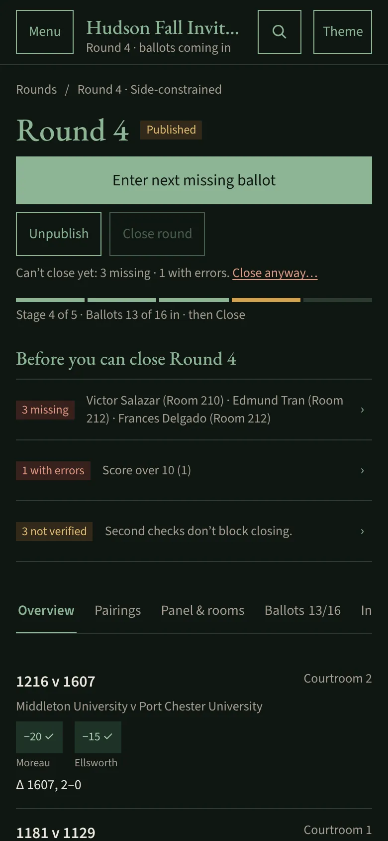 The Round 4 overview on a phone: the next step, the stage bar and what stands before closing.