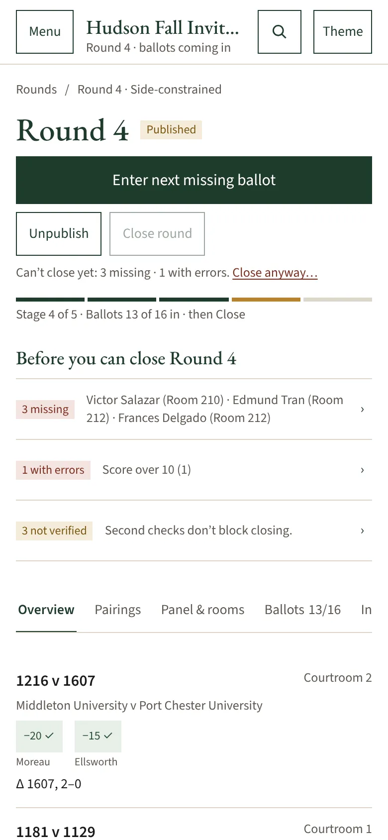 The Round 4 overview on a phone: the next step, the stage bar and what stands before closing.